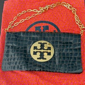 Tory Burch Brown Clutch with Gold Chain